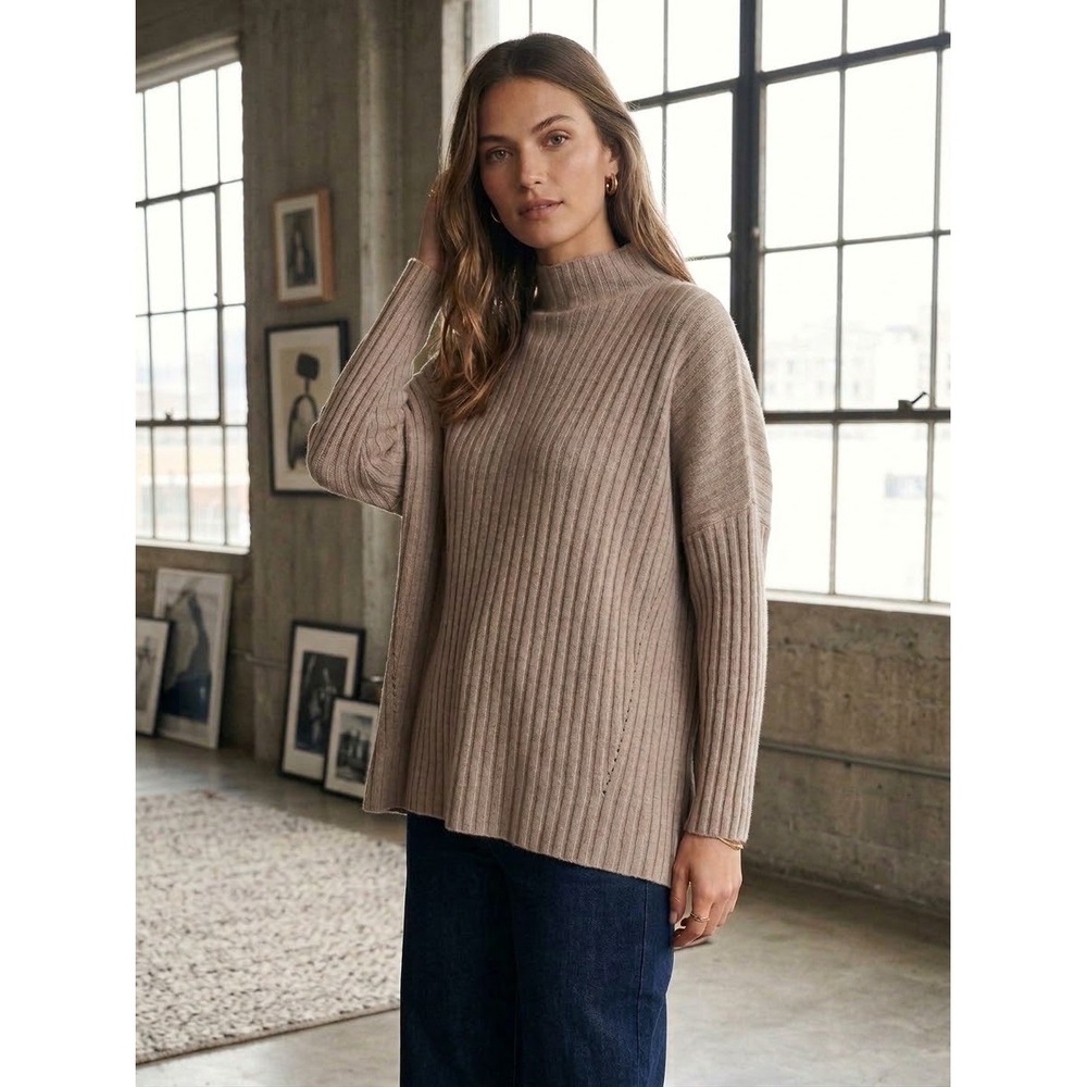Nordstrom Signature 100% Cashmere Ribbed Mock Neck Sweater Tan Beige L